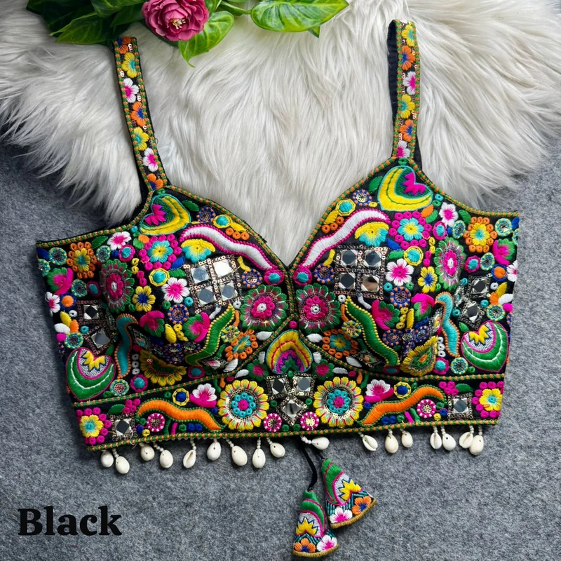 Black Navratri Special Real Mirror Thread & Kaudi Work Spaghetti Blouse
