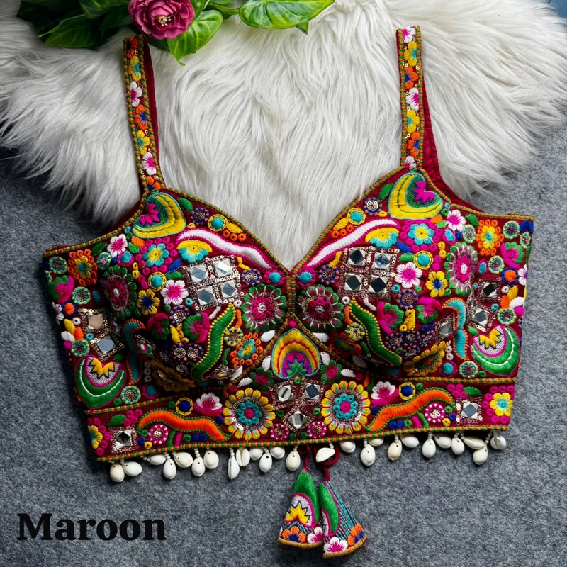 Maroon Navratri Special Real Mirror Thread & Kaudi Work Spaghetti Blouse