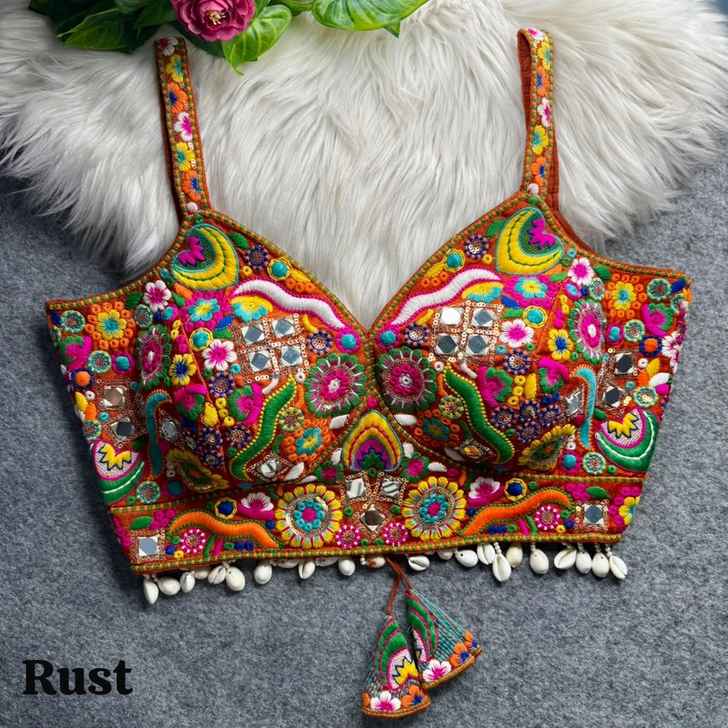 Rust Navratri Special Real Mirror Thread & Kaudi Work Spaghetti Blouse