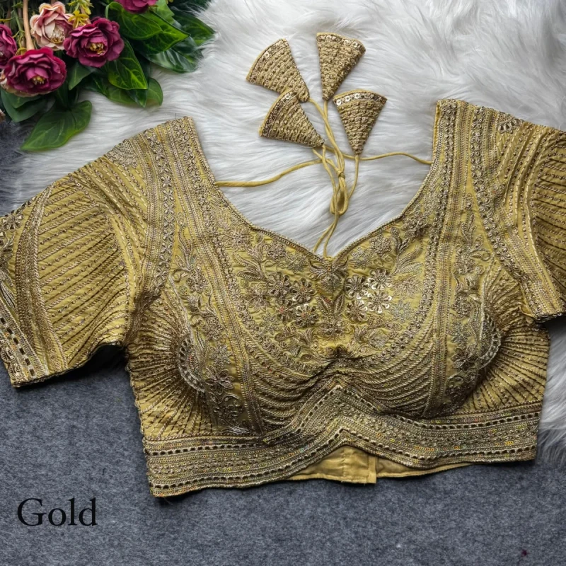 Gold Designer Apple Cut Roman Silk Heavy Jari Sequence Work Back Open Blouse