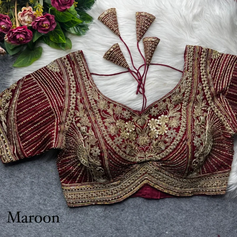 Maroon Designer Apple Cut Roman Silk Heavy Jari Sequence Work Back Open Blouse
