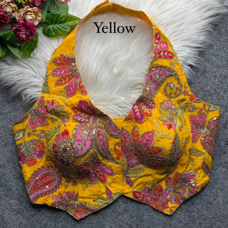 Yellow Halter Neck Position Work Blouse in Heavy Soft Viscose Crape Silk