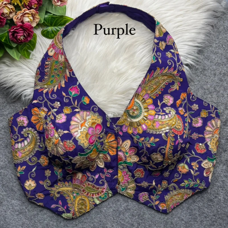 Purple Halter Neck Position Work Blouse in Heavy Soft Viscose Crape Silk