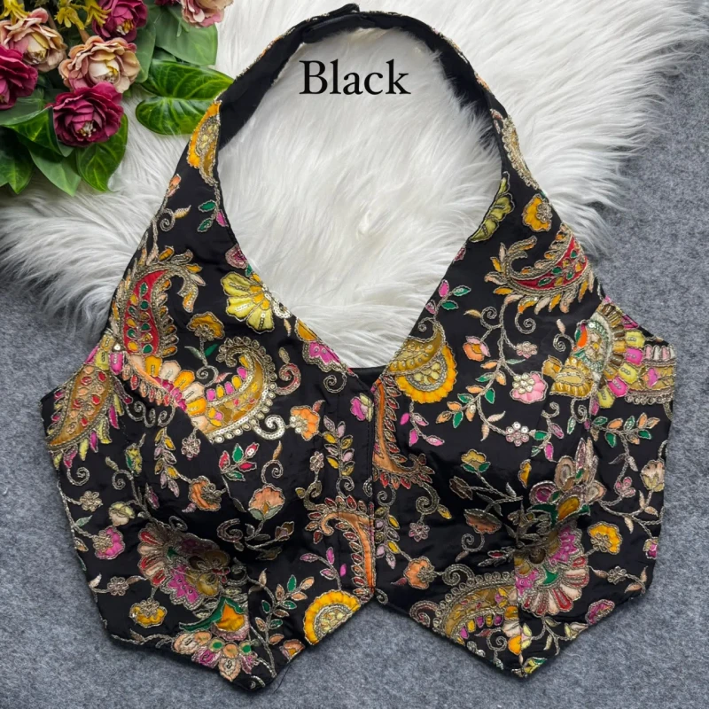 Black Halter Neck Position Work Blouse in Heavy Soft Viscose Crape Silk