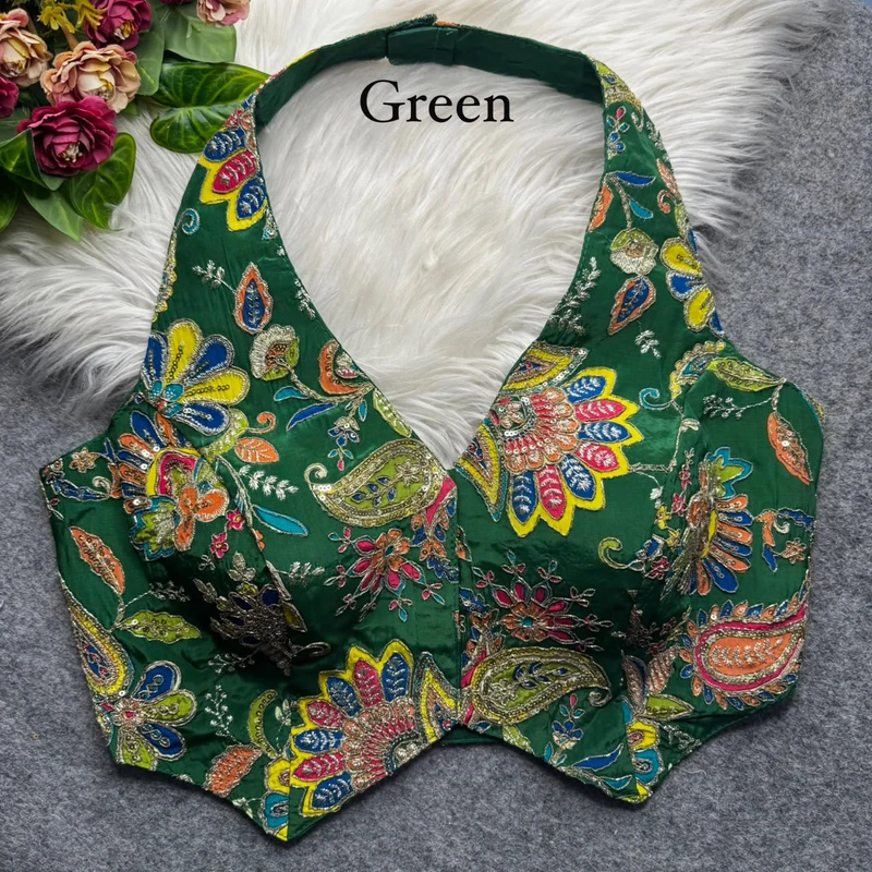 Green Halter Neck Position Work Blouse in Heavy Soft Viscose Crape Silk