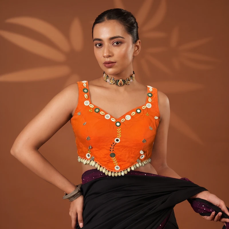 Orange Navratri Special Embroidery Kodi Garba Blouse