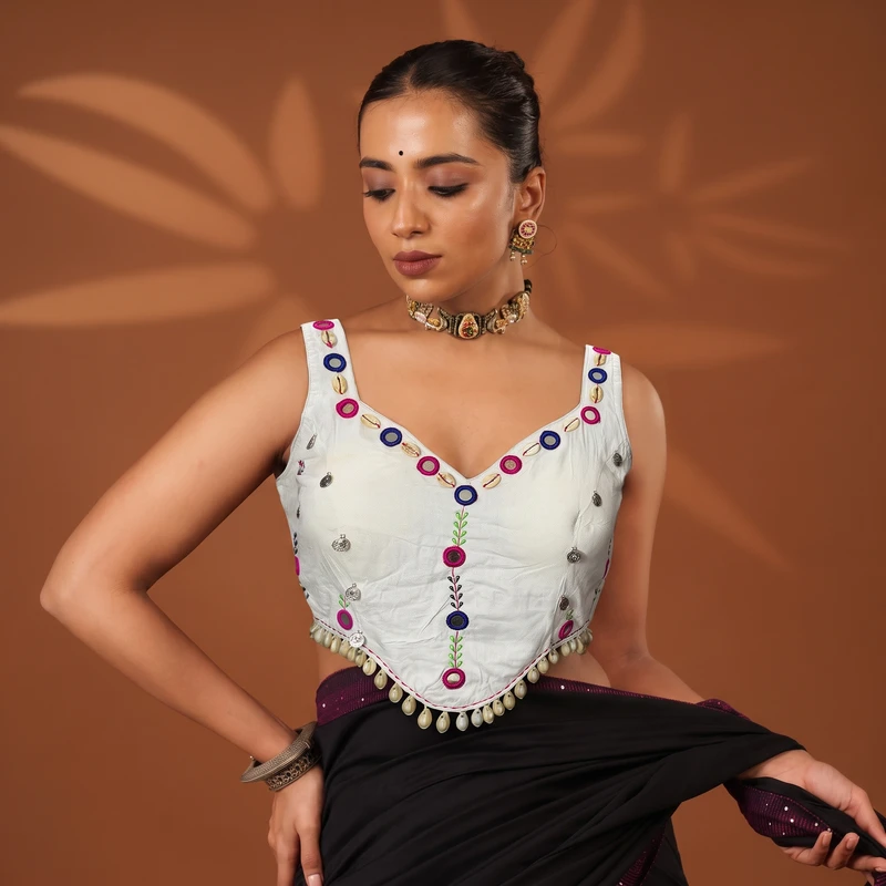 White Navratri Special Embroidery Kodi Garba Blouse