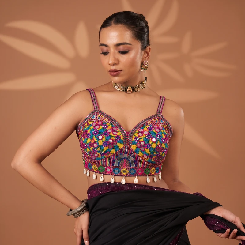 Maroon Navratri Real Mirror & Thread Embroidery Garba Sleeveless Blouse
