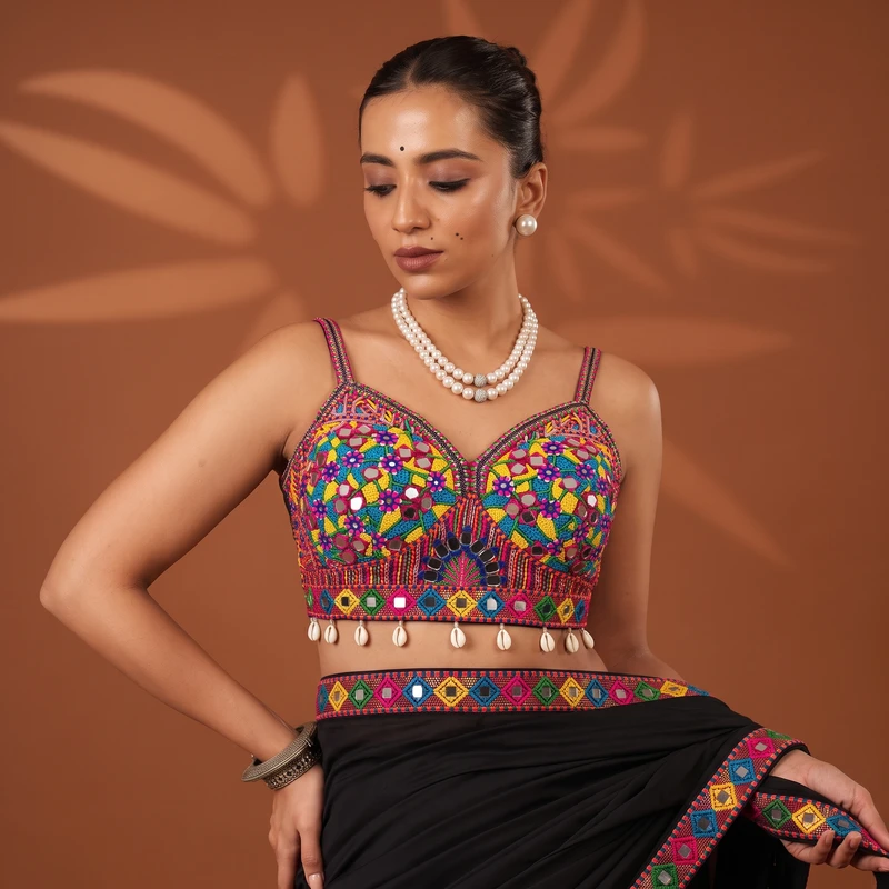 Red Navratri Real Mirror & Thread Embroidery Garba Sleeveless Blouse