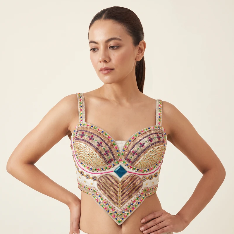 White Beads Work Silk Corset Navratri Blouse