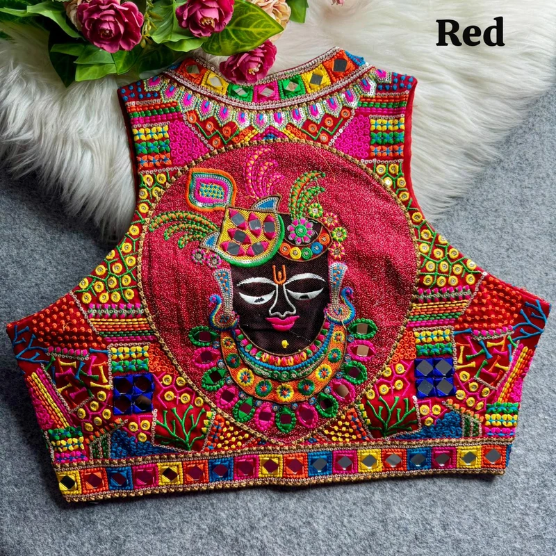 Red Navratri Special Shrinathji Halter Neck Multicolor Real Mirror Work Blouse