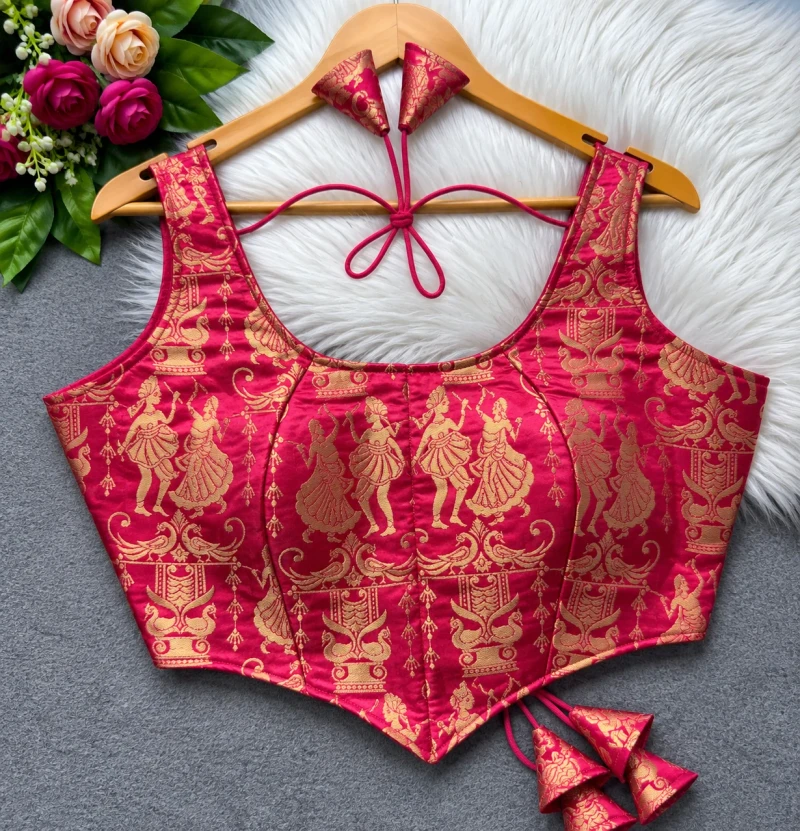Peach Raas Leela Theme Corset Style Heavy Jari Banarasi Designer Blouse