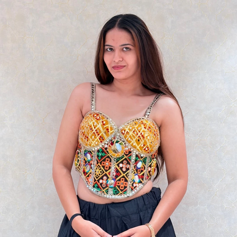 Yellow Navratri Corset Bandhani Mirror Work Blouse