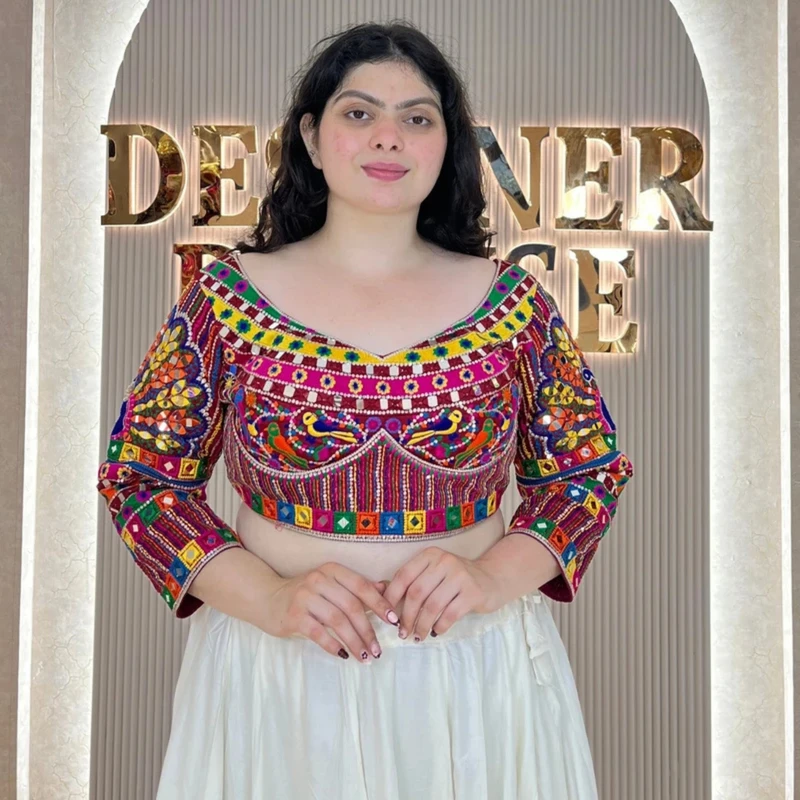 Rani Navratri Full Sleeve Silk Blouse with Mirror & Thread Work