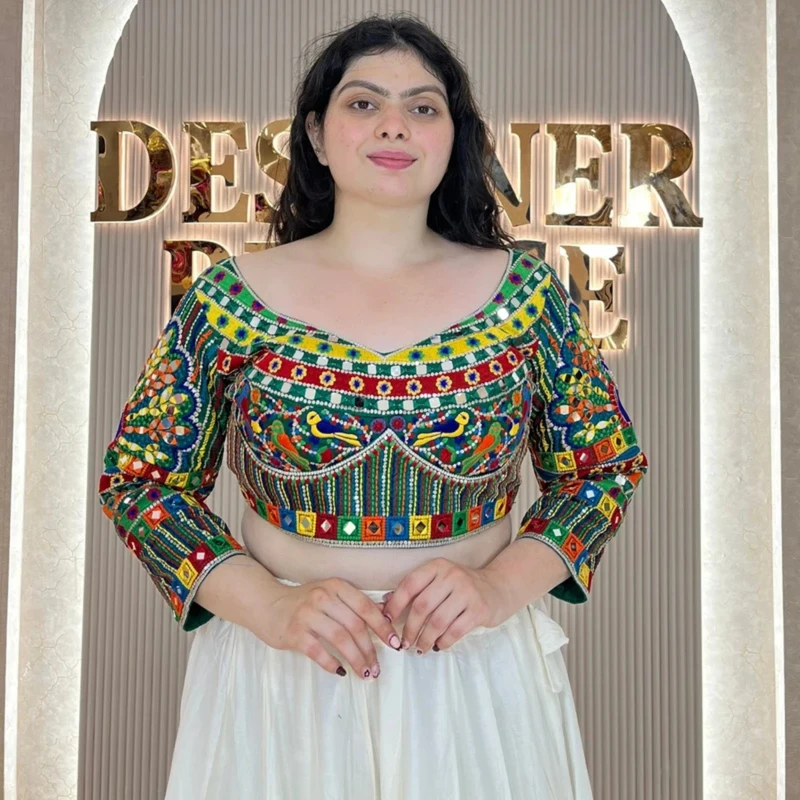 Green Navratri Full Sleeve Silk Blouse with Mirror & Thread Work