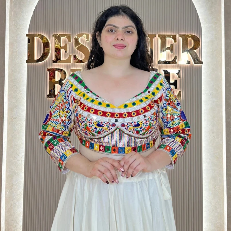White Navratri Full Sleeve Silk Blouse with Mirror & Thread Work