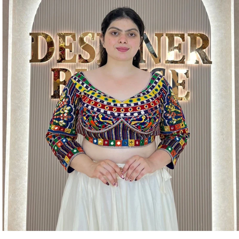 Black Navratri Full Sleeve Silk Blouse with Mirror & Thread Work