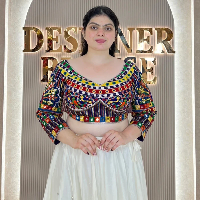 Blue Navratri Full Sleeve Silk Blouse with Mirror & Thread Work