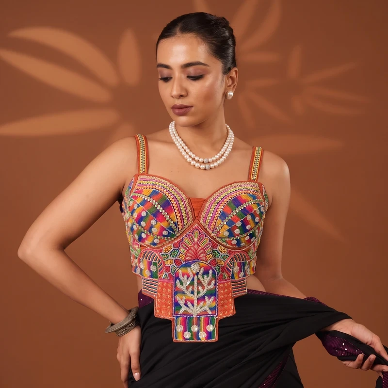 Copper Multicolor Silk Corset Navratri Blouse with Beads Handwork