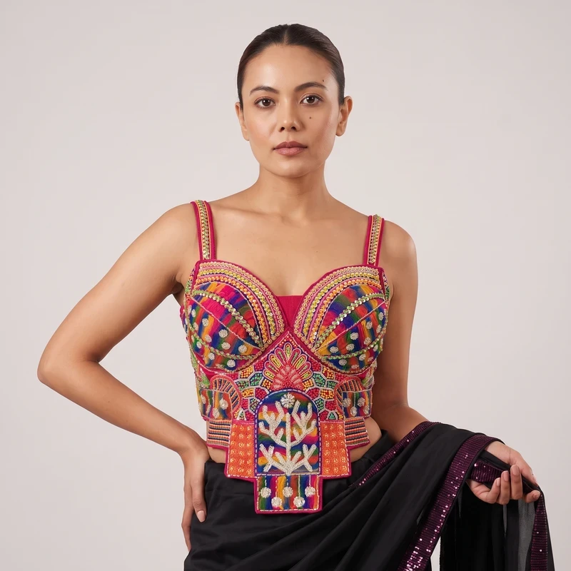 Rani Multicolor Silk Corset Navratri Blouse with Beads Handwork
