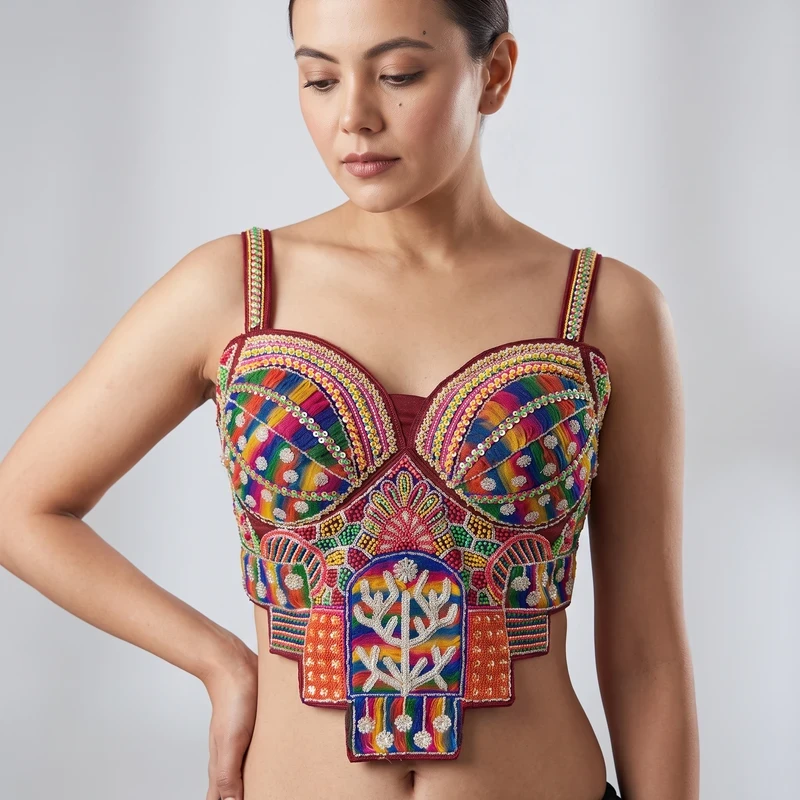 Maroon Multicolor Silk Corset Navratri Blouse with Beads Handwork