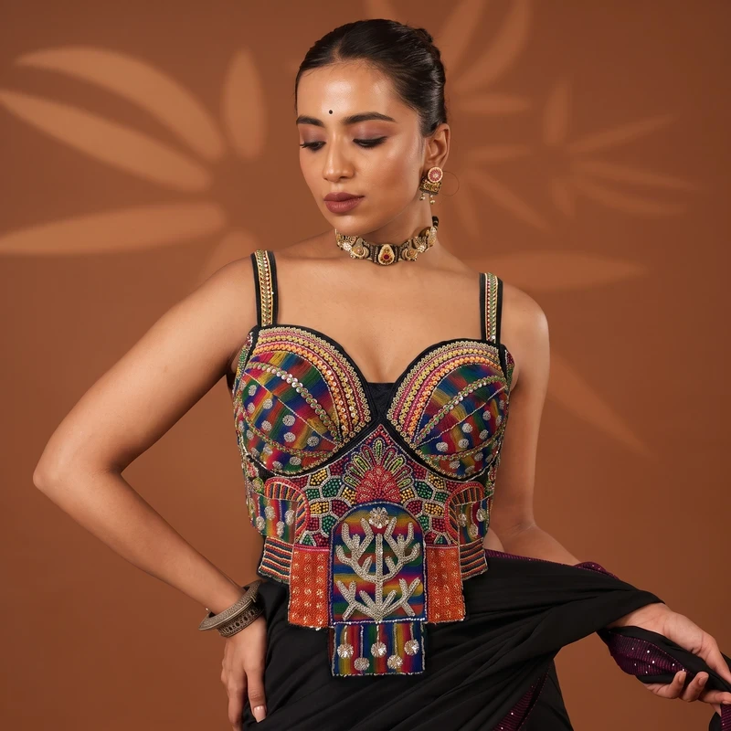 Black Multicolor Silk Corset Navratri Blouse with Beads Handwork