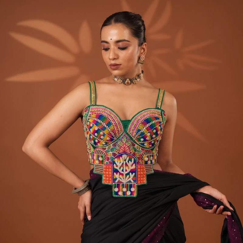 Green Multicolor Silk Corset Navratri Blouse with Beads Handwork