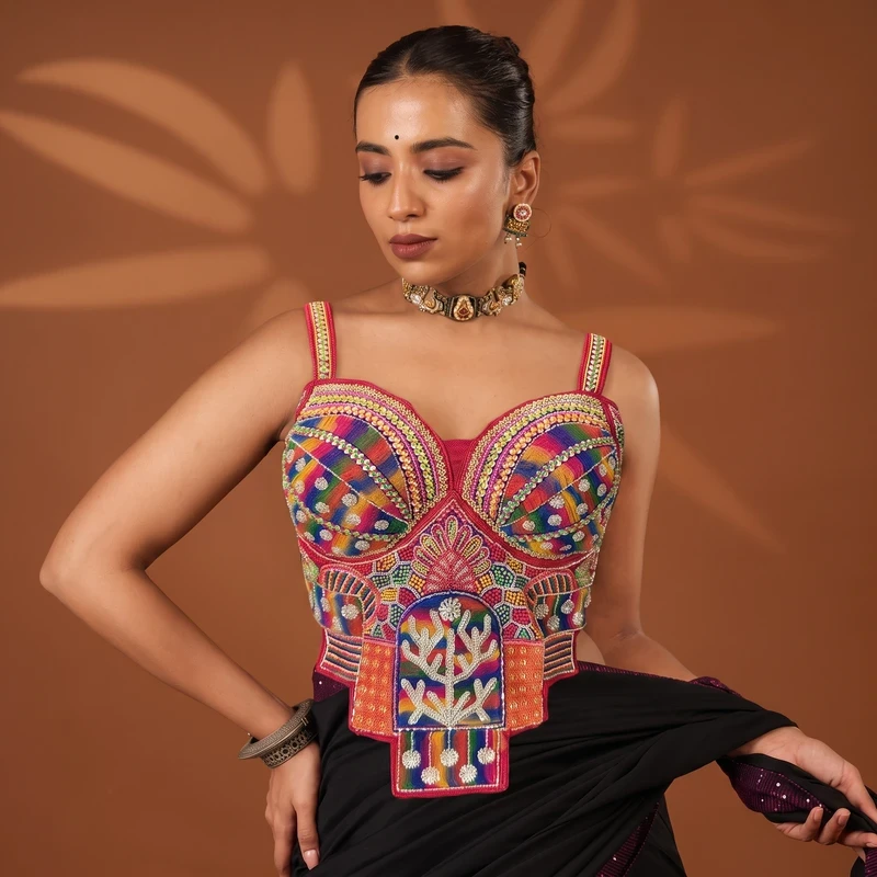 Red Multicolor Silk Corset Navratri Blouse with Beads Handwork