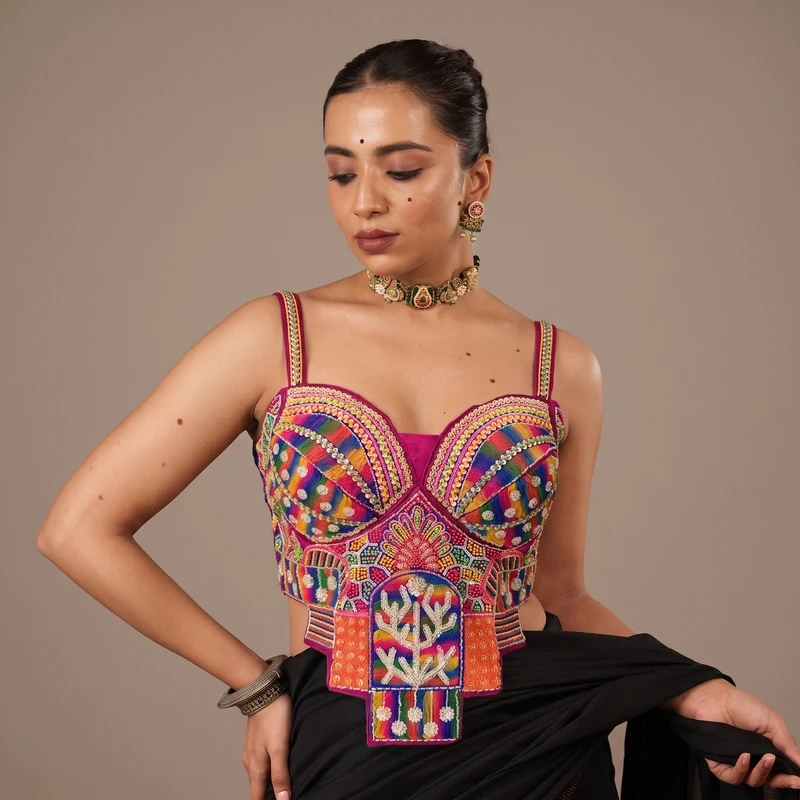 Magenta Multicolor Silk Corset Navratri Blouse with Beads Handwork