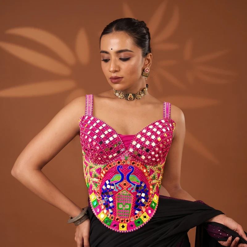 Rani Navratri Multicolor Peacock Embroidery Corset Blouse with Real Mirror Work