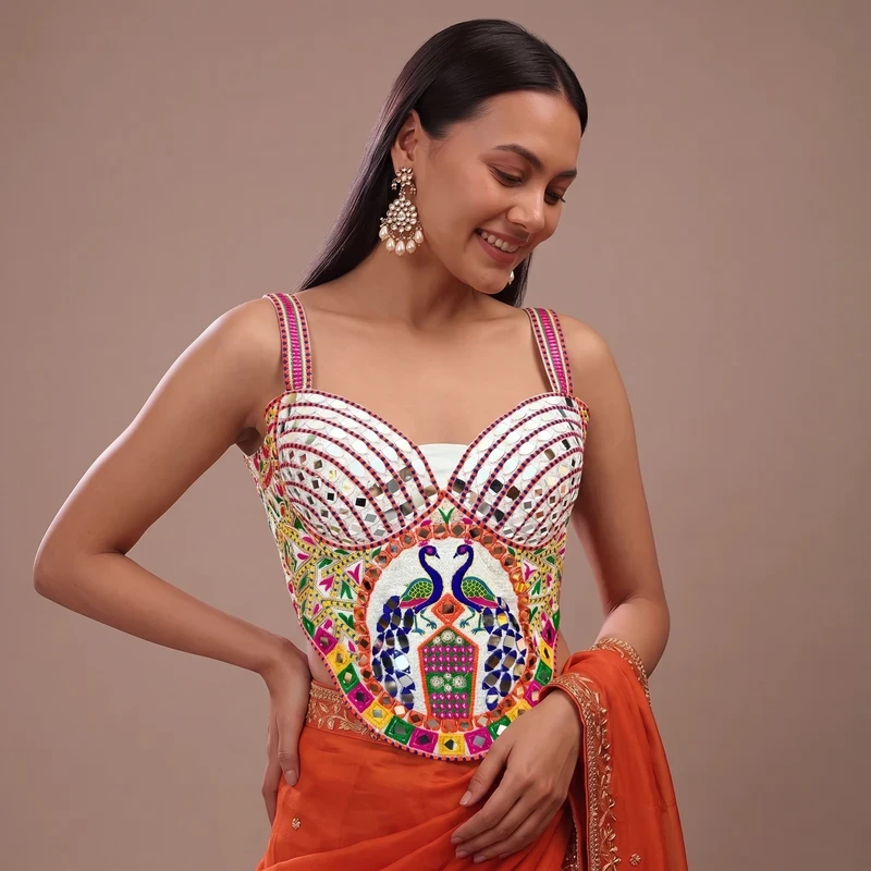 White Navratri Multicolor Peacock Embroidery Corset Blouse with Real Mirror Work