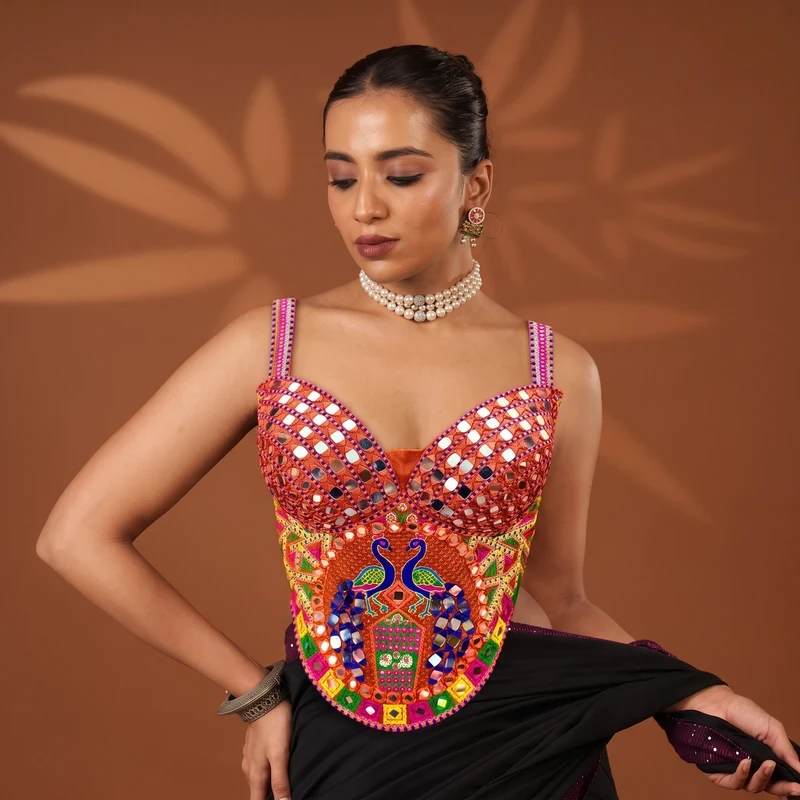 Maroon Navratri Multicolor Peacock Embroidery Corset Blouse with Real Mirror Work