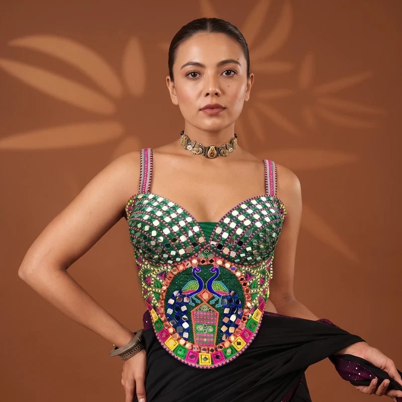 Green Navratri Multicolor Peacock Embroidery Corset Blouse with Real Mirror Work