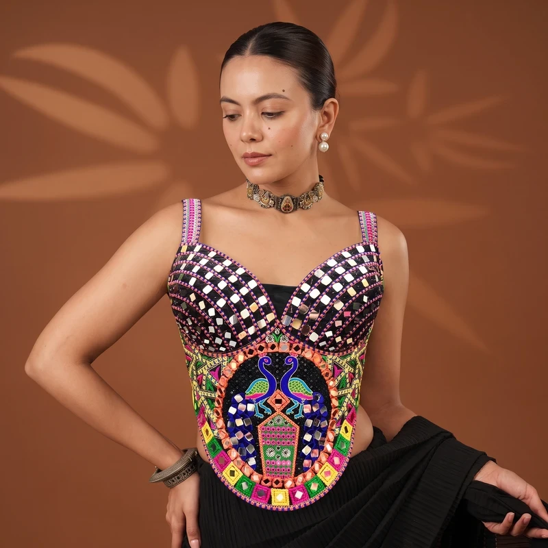 Black Navratri Multicolor Peacock Embroidery Corset Blouse with Real Mirror Work