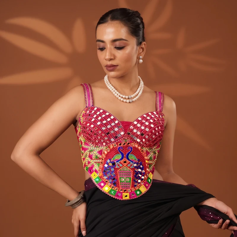 Red Navratri Multicolor Peacock Embroidery Corset Blouse with Real Mirror Work