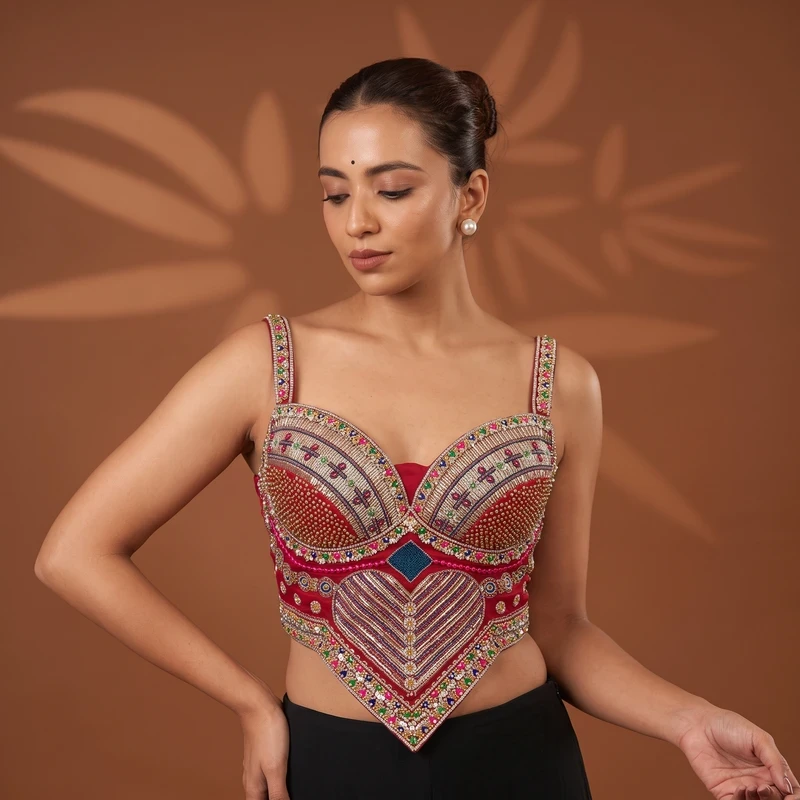 Red Multicolor Beads Work Sweetheart Neck Corset Navratri Blouse