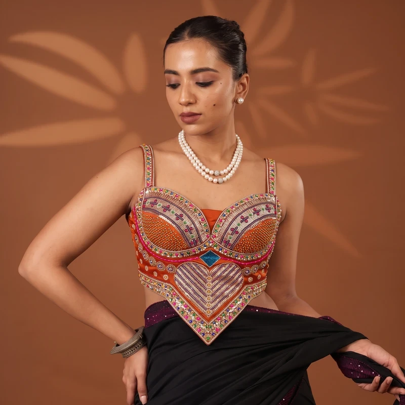 Rust Multicolor Beads Work Sweetheart Neck Corset Navratri Blouse