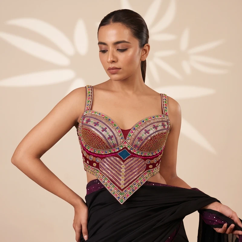 Maroon Multicolor Beads Work Sweetheart Neck Corset Navratri Blouse