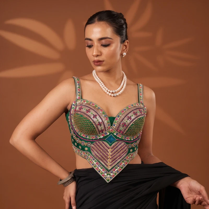 Green Multicolor Beads Work Sweetheart Neck Corset Navratri Blouse