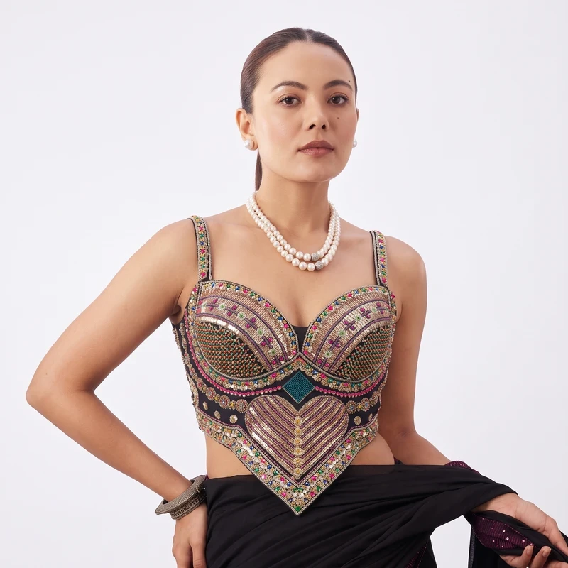 Black Multicolor Beads Work Sweetheart Neck Corset Navratri Blouse