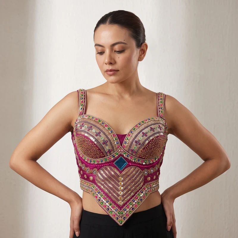 Magenta Multicolor Beads Work Sweetheart Neck Corset Navratri Blouse