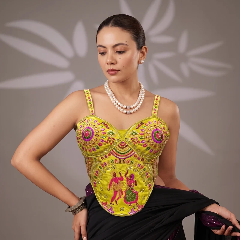 Lime Yellow Garba Special Corset Blouse with Beads & Multicolor Thread Work