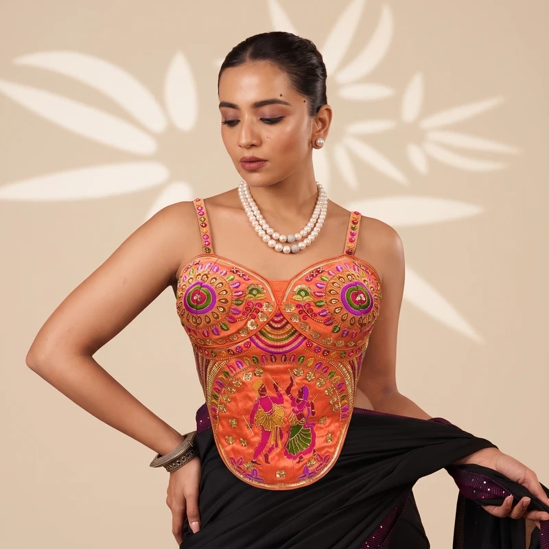 Orange Garba Special Corset Blouse with Beads & Multicolor Thread Work