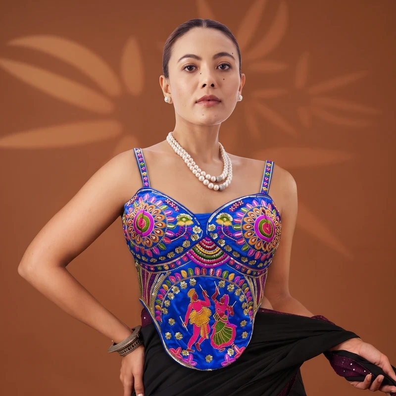 Royal Blue Garba Special Corset Blouse with Beads & Multicolor Thread Work