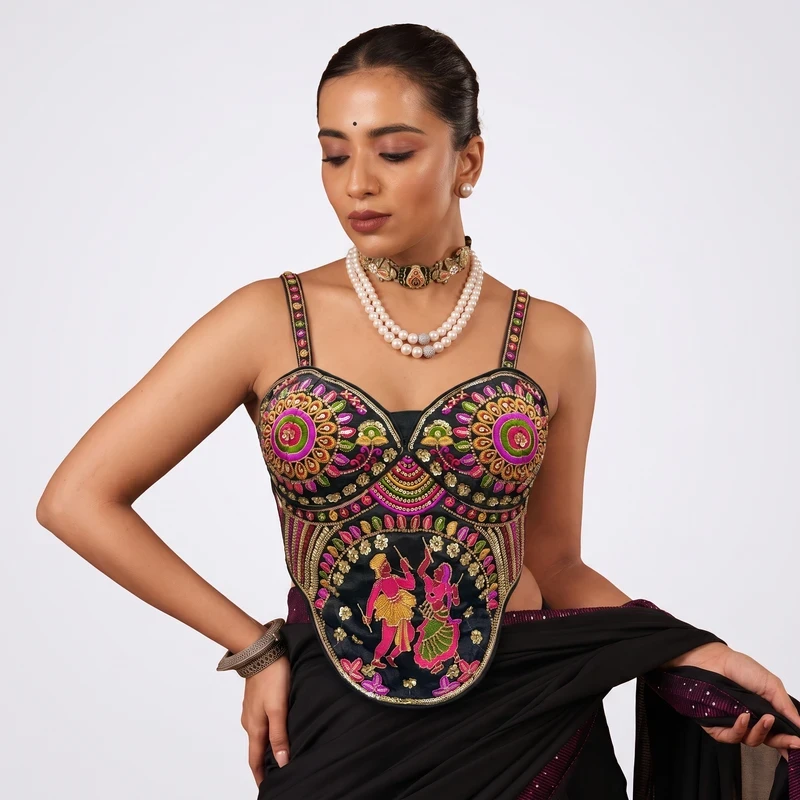 Black Garba Special Corset Blouse with Beads & Multicolor Thread Work
