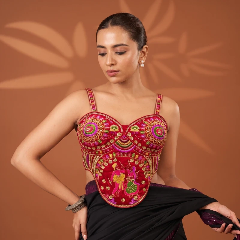 Red Garba Special Corset Blouse with Beads & Multicolor Thread Work