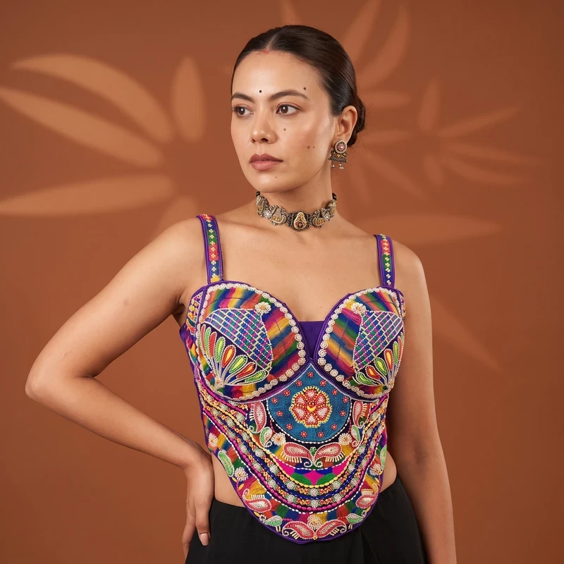 Purple Multicolor Beaded Corset Blouse for Navratri & Garba