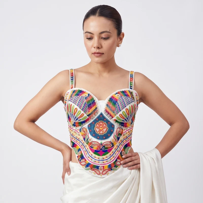 White Multicolor Beaded Corset Blouse for Navratri & Garba