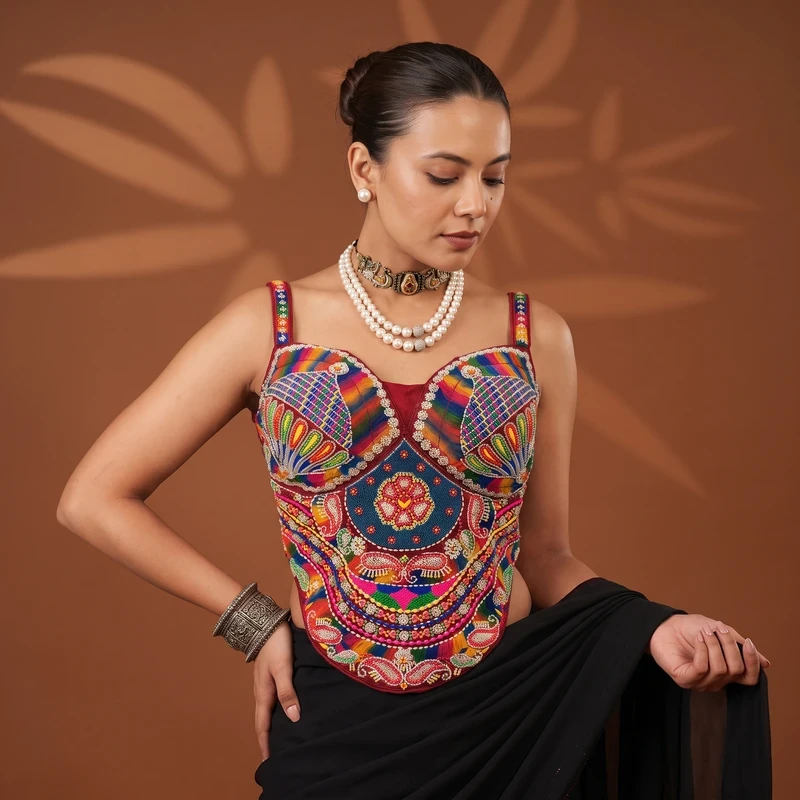 Maroon Multicolor Beaded Corset Blouse for Navratri & Garba