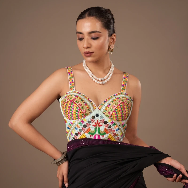 White Navratri Silk Corset Blouse with Real Mirror & Multicolor Thread Work